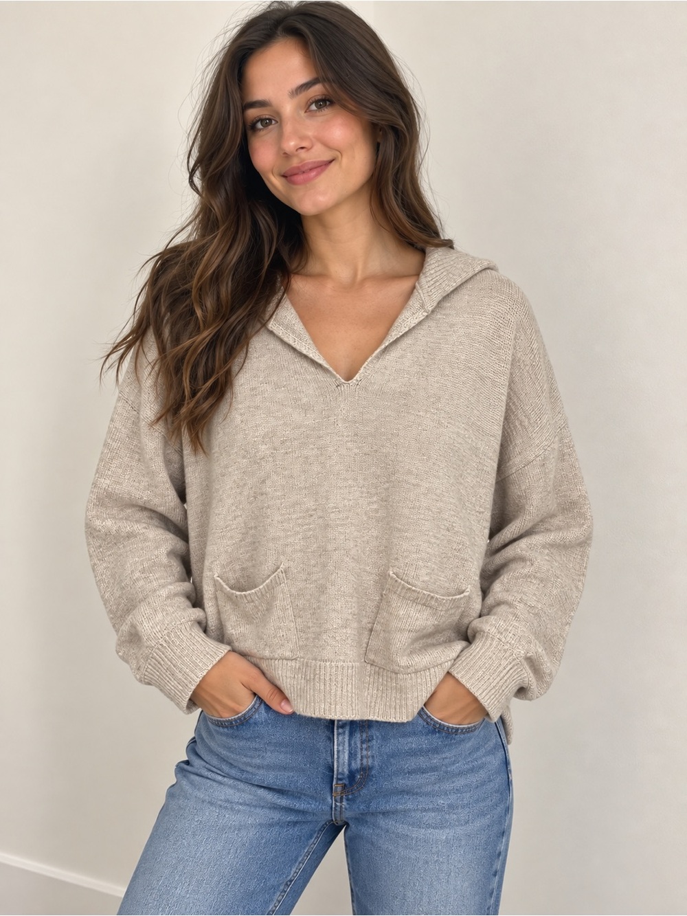 CeCe French Taupe V-Neck Pocket Sweater Womens size Medium NWT
